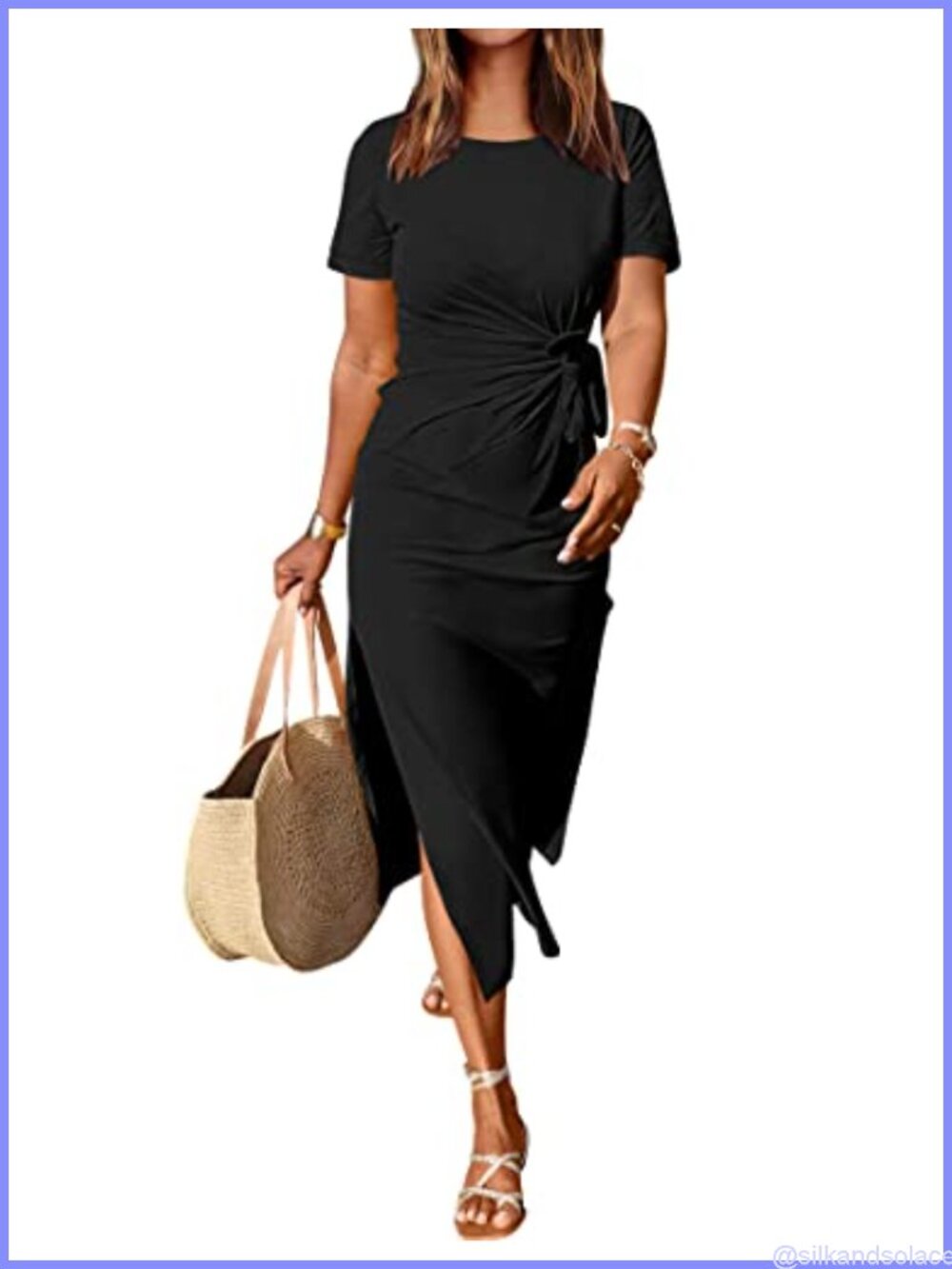 Slim Fit Maxi T-Shirt Dress with Tie Waist and Slit for Women
